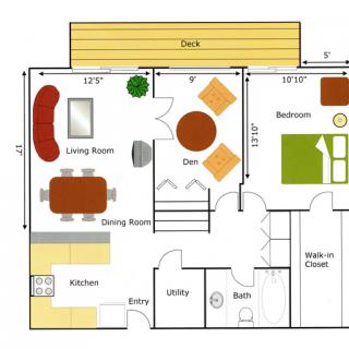 A detailed floor plan of a house with designated areas for the living room, dining room, kitchen, bedroom, and deck.