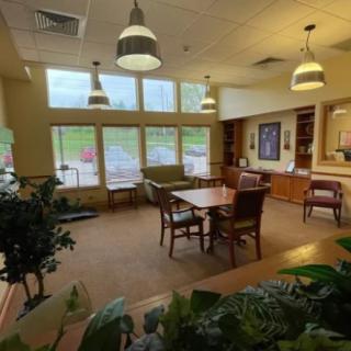 A cozy interior space with large windows, tables, and chairs surrounded by plants.
