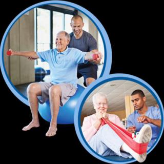 Elderly individuals engaging in physical therapy exercises with the assistance of healthcare professionals.