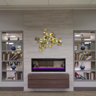 A modern living room with a sleek fireplace flanked by bookshelves and a decorative art piece above.
