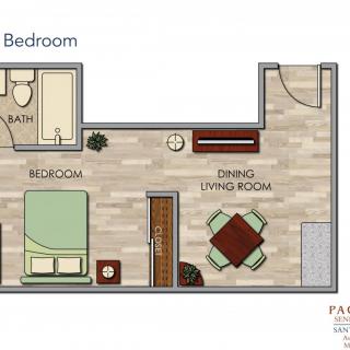 Floor plan of a one-bedroom apartment, featuring a combined dining and living area.