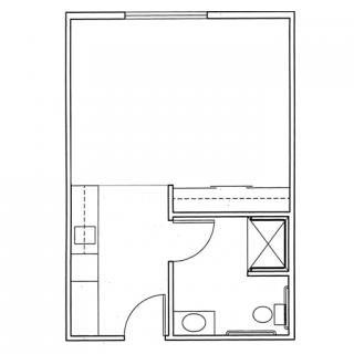 Studio apartment floor plan with a kitchenette and bathroom area.