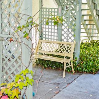 A cozy outdoor garden area with a decorative bench and lattice backdrop.