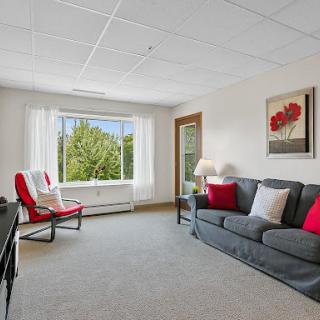 A cozy living room featuring a gray sofa with red accent pillows, a comfortable chair, and bright natural light streaming in from the window.