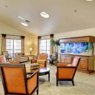 A cozy living room with comfortable seating and a large aquarium.