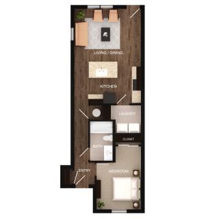 A detailed floor plan of a modern apartment, showcasing the arrangement of rooms and living spaces.