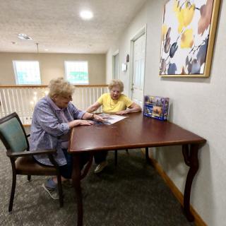 Two seniors working on a puzzle together at a table inside a cozy room with artwork on the wall.