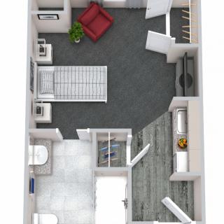A detailed floor plan of a small apartment featuring a living area, bedroom, and bathroom layout.