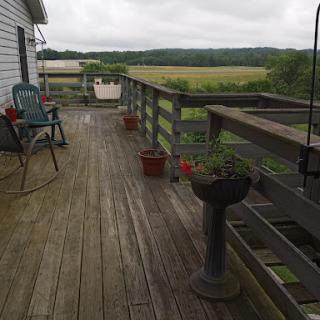 A cozy wooden deck adorned with potted plants, offering a serene view of the cloudy rural landscape.