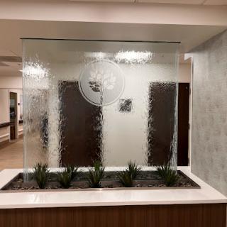 A contemporary indoor setting featuring a glass wall water feature with decorative plants.