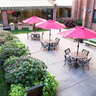 A cozy outdoor patio with tables, chairs, and red umbrellas surrounded by greenery.