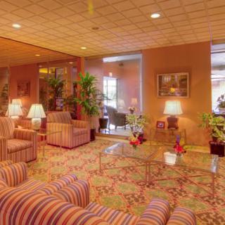A cozy hotel lobby with comfortable seating and warm lighting.
