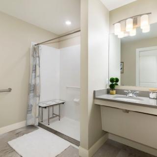 A modern and minimalist bathroom with a walk-in shower and vanity.