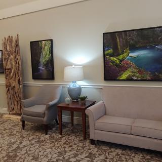 A cozy living room with a sofa, armchair, table lamp, and scenic wall art.