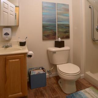 A modern bathroom with a toilet, sink, and decorative artwork on the wall.