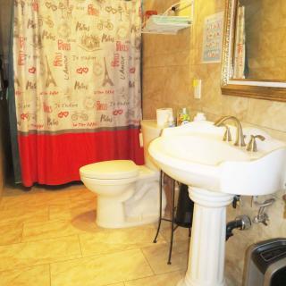 A clean bathroom with a pedestal sink and decorative shower curtain.
