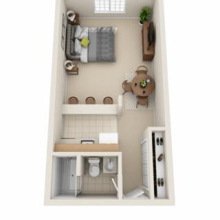 A 3D floor plan of a compact studio apartment showcasing an open layout with a bedroom, kitchen, and living area.