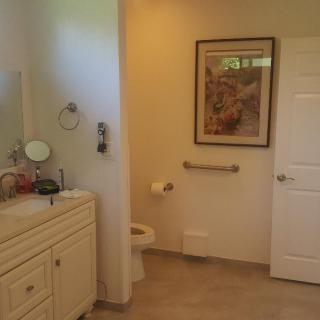 A well-lit bathroom with a sink, toilet, and wall decor.