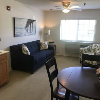 A cozy living room with a sofa, chairs, and a dining table under soft natural light.