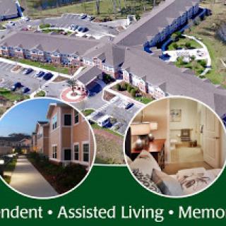 Aerial view of a senior living community offering independent, assisted, and memory care services.