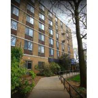 A view of a multi-story apartment building with a pathway lined by trees.