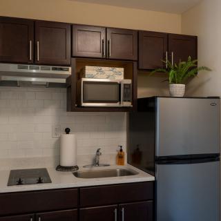 A compact modern kitchen with dark cabinets, a microwave, refrigerator, and a small cooktop.