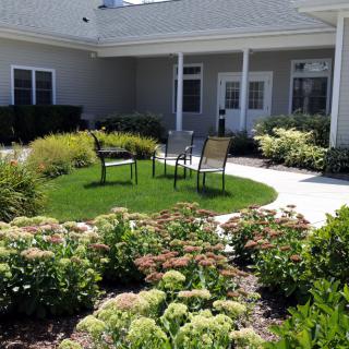 A serene outdoor garden area with chairs on a green lawn surrounded by lush plants.