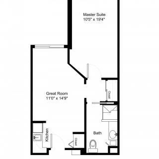 A floor plan of an apartment featuring a master suite, great room, kitchen, and bathroom.