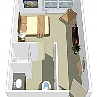 A 3D floor plan of a compact bedroom with an attached bathroom.