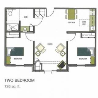 A floor plan of a two-bedroom apartment, measuring 770 square feet.