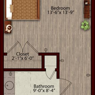 A detailed floor plan of a bedroom with an attached bathroom and closet.