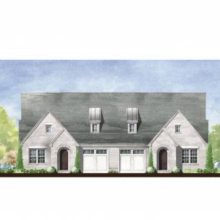 Architectural rendering of a modern duplex with symmetrical design.