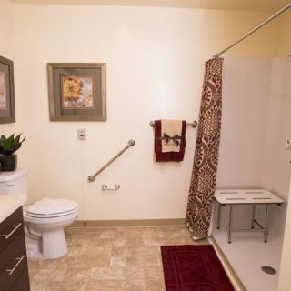 A well-decorated bathroom with accessibility features, including a handrail and shower seat.