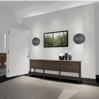 A modern entrance hall with minimalist decor and artwork.