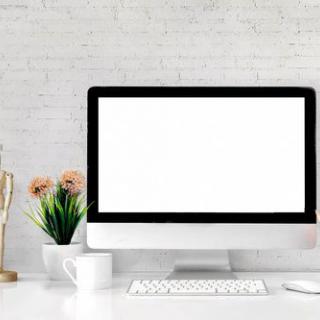 A minimalist workspace featuring a desktop computer, white desk, and decorative plants.