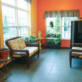 A cozy living room with vibrant walls, large windows, and comfortable seating.