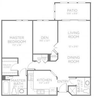 A floor plan of an apartment featuring a master bedroom, den, living room, dining room, kitchen, and two bathrooms.