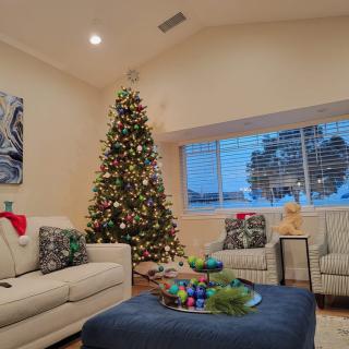 A cozy living room decorated with a tall, beautifully lit Christmas tree and comfortable furnishings, creating a festive holiday atmosphere.