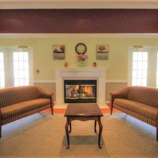 Cozy living room with a fireplace, sofas, and elegant decor.