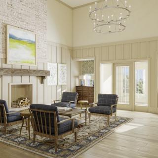 A cozy living room with stylish furniture and a warm fireplace.