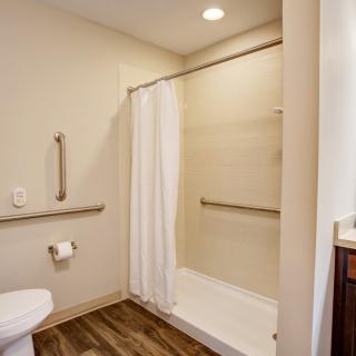 A modern bathroom featuring a shower with grab bars and curtain, alongside a toilet.