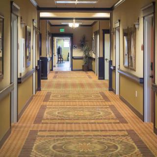 A well-lit hallway with patterned carpeting and multiple doors on either side.