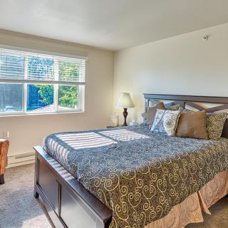 A cozy bedroom with a large bed and natural light streaming through the window.