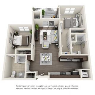 A 3D floor plan showcasing a two-bedroom apartment with a modern interior design.