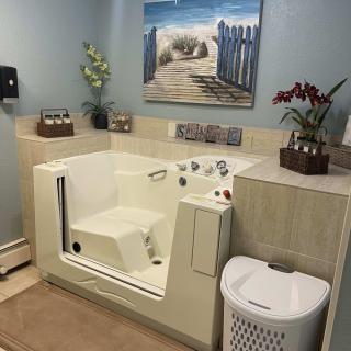 A bathroom featuring a walk-in tub, decorative plants, and beach-themed wall art.