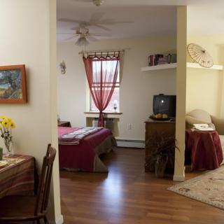 A cozy apartment interior featuring a living area and bedroom with wooden floors and warm decor.