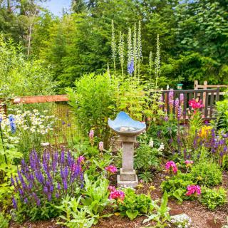 A vibrant garden with a variety of colorful flowers surrounding a birdbath.