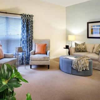 A cozy living room featuring a sofa, armchair, and coffee table with decorative elements.