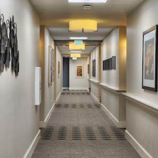 A well-lit hallway featuring artwork along the walls, with modern fixtures and carpeting.