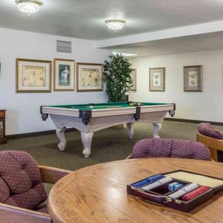 A cozy game room featuring a pool table and comfortable seating.